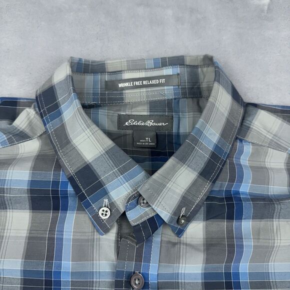 Eddie Bauer Shirt Mens Size TL Large Tall Blue Plaid Wrinkle Free Relaxed Fit - Picture 3 of 10